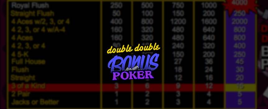 O Double Double Bonus Poker é um jogo de pôquer fechado. O jogador recebe cinco cartas do dealer; depois, escolhe quais cartas quer manter ou segurar. Depois disso, ele descarta as cartas restantes e as troca por novas pressionando Trocar. A mão final é considerada vencedora se o jogador tiver um par de valetes ou algo melhor.
