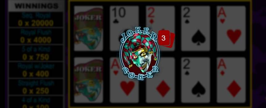 Joker Poker is a game of draw poker. The player receives five cards from the dealer; the player then chooses which of the cards to keep or hold. Then discards the remaining cards for new ones by pressing deal. The final hand is determined a winning hand if the player has Kings or better. There is also a special payout for having 5 of a kind, or Wild Royal with Joker. Also, Jokers's are wild and can be used to create other winning hands.